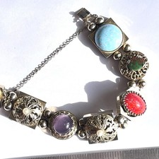 Vintage Signed Kafin NY Slide Panel Bracelet Colorful Cabochon Stones Gold tone