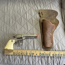 VTG Cap Gun With Leather Holster Chrome Plated Faux Ivory Grips VGC