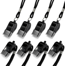 8-Pack Sports Whistles with Lanyard Mouth Grip Black Plastic Coach Referee