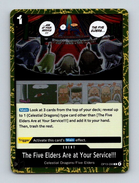 The Five Elders Are at Your Service!!! OP13-096 Rare Carrying On His Will One