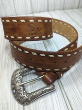 Womens Western Leather Belt Buckstitch Embossed Horse Rhinestone Glitter Buckle