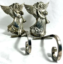 VTG Pair Christmas • Heavy Silver Colored Angels W/Horn • Stocking Hangers