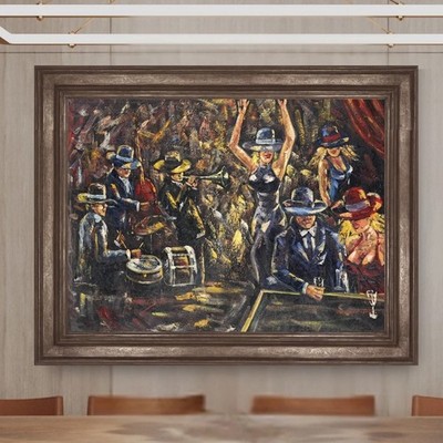 Jazz Band Oil Canva Painting Musicians Dancers Night Scene Club Signed 48x36
