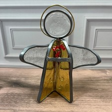 Stained Glass Angel Figurine Crystal Halo Red Bead Flowers Wings Sun Catcher