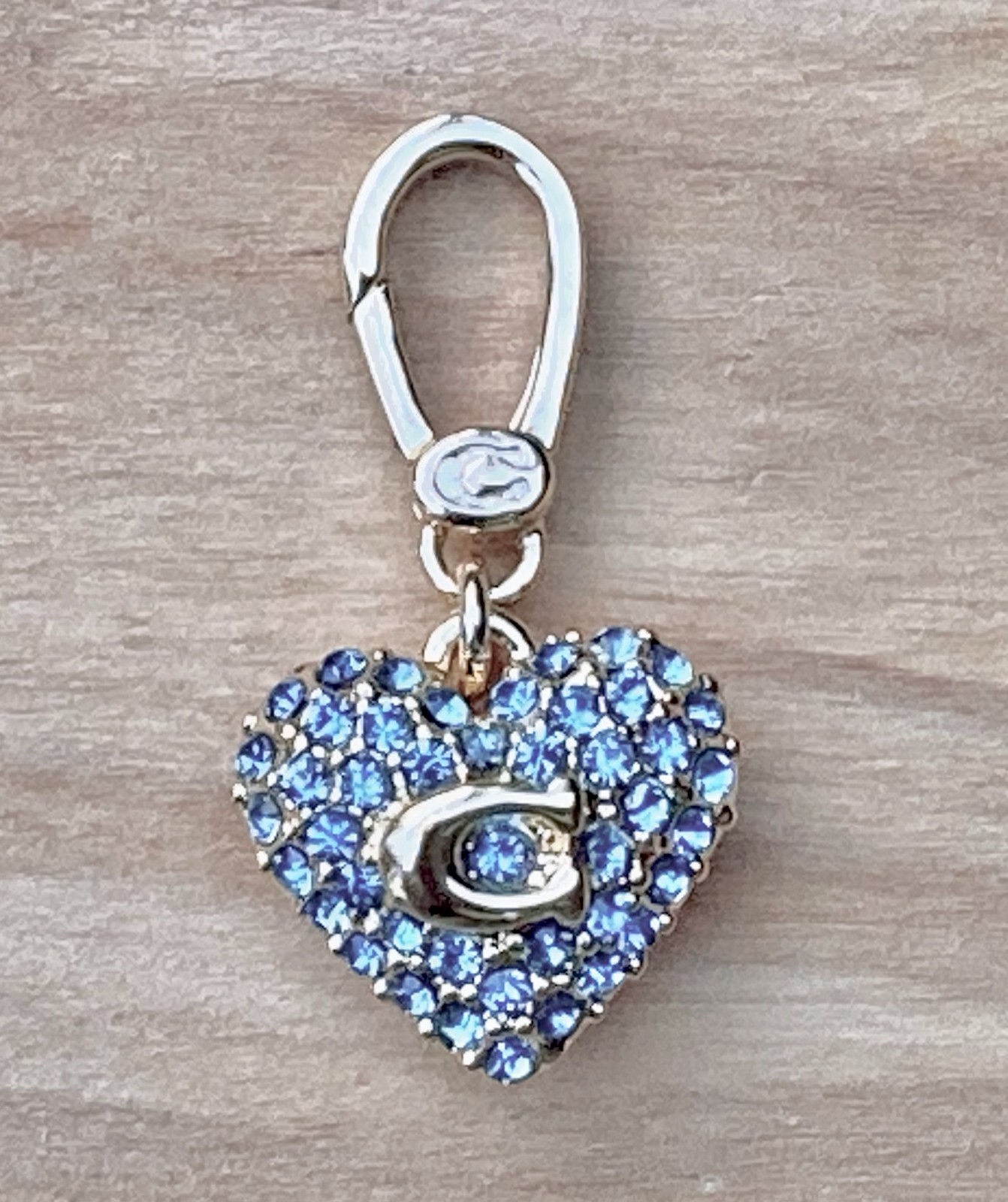 NWT $55 Coach Reversible Blue Crystal Gold Collectible Heart Charm + Dust Bag