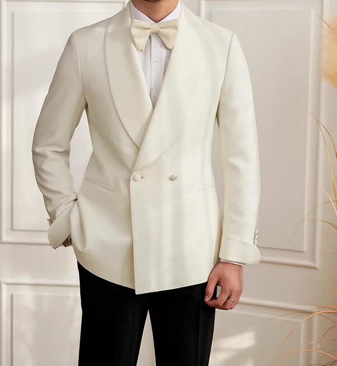 Formal White Men Suits Shawl Lapel Double Breasted Buttons Groom