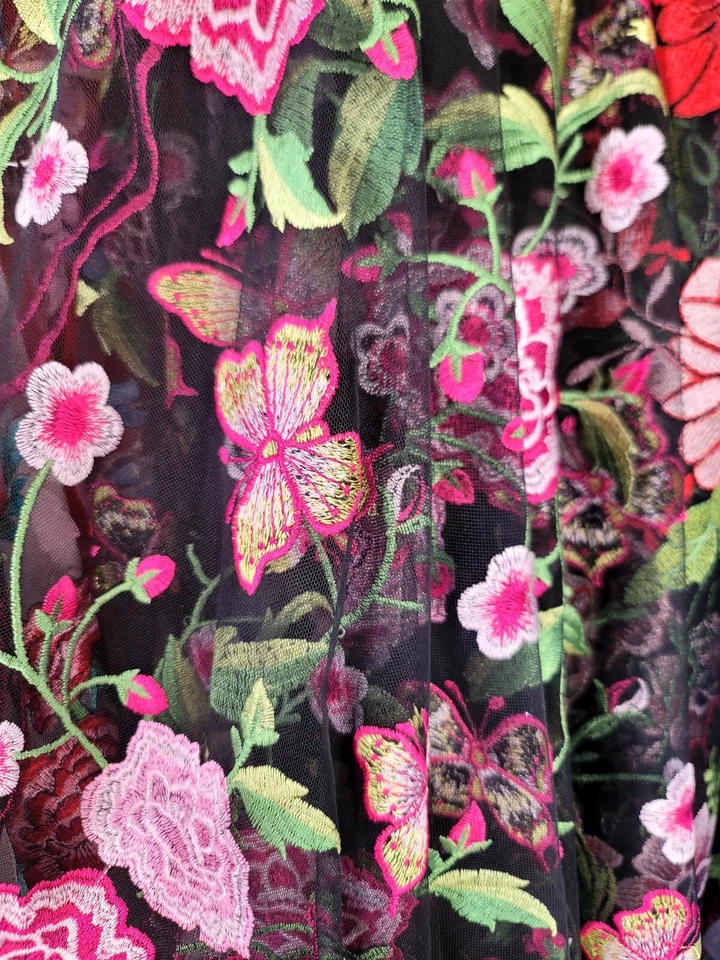 Fabric Sold By The Yard Pink Embroidery Lace Floral Flowers on Black Mesh Prom  - Image 4 of 4