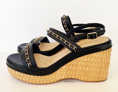 CHANEL ブラックレザー ウェッジヒール NEW $1225 20C CHANEL BLACK LEATHER CHAIN PLATFORM WEDGE HIGH