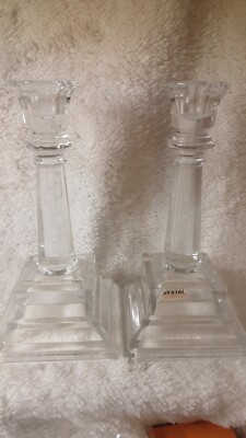 Set Of  Two 24% Lead Crystal Sguare Base Candle Holders 8 Inch T6
