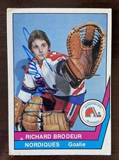 1977-78 OPC WHA#38 RICHARD BRODEUR AUTOGRAPHED CARD QUEBEC NORDIQUES!!