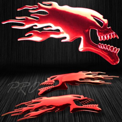 6''x 2.25'' 3D Vinyl Emblem Logo Fairing Sticker Fire Skull Skeleton Chrome Red