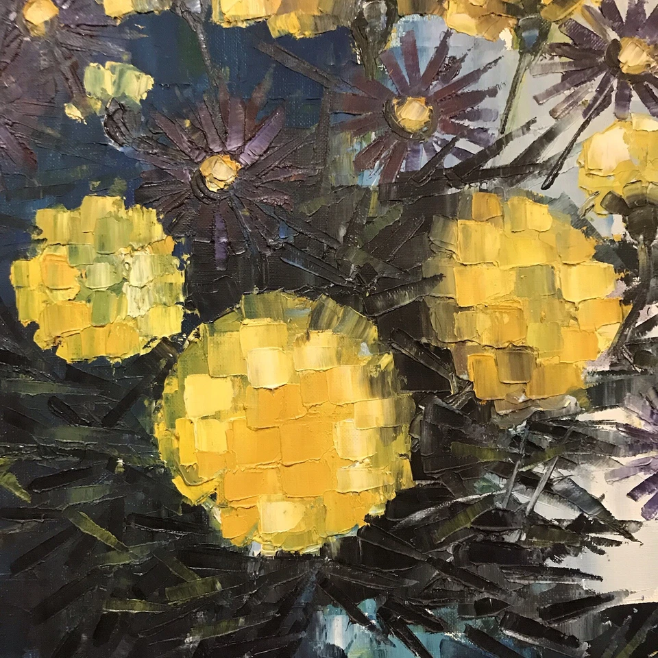 Nature morte Œillets D’Inde signée Guy Vidal 85x73 Cm . - Photo 3/4