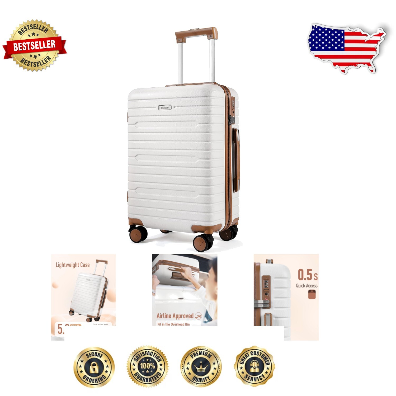 Durable 20-Inch Beige Hardside Carry-On Luggage with 8 Silent Spinner Wheels