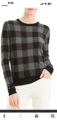 Women's Theory Black Gray Buffalo Check Silk Blend Crew Neck Sweater Size M