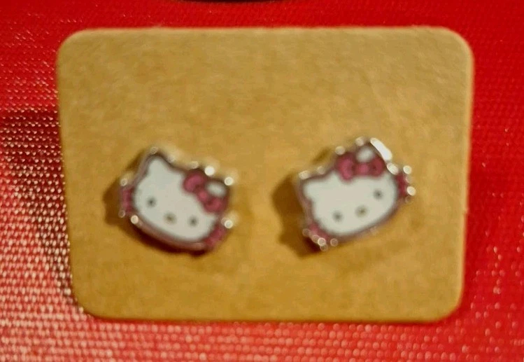 Hello Kitty Face Silver Plated Stud Earrings Sparkly Crystals Red Bow/Face - Image 4 of 4