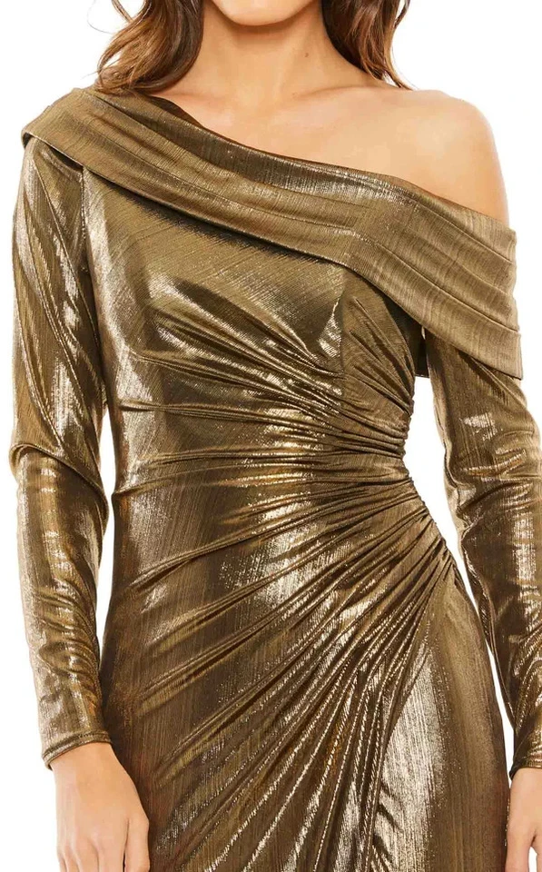 Vestido Mac Duggal Antiguo Dorado Manga Larga Fuera del Hombro Metálico Talla 16 $498 Foto 3 de 3