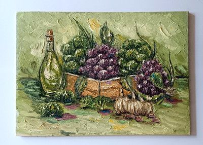 Original Öl- Impasto Gemälde ' Oil/ Brocolli/ Garlic ' Mit Keilrahmen 50 x 70 cm