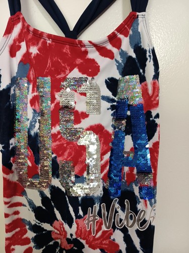 JUSTICE GIRLS ONE PIECE SWIMWEAR RED, WHITE, BLUE, "USA # VIBES SIZE 12 - Picture 2 of 4
