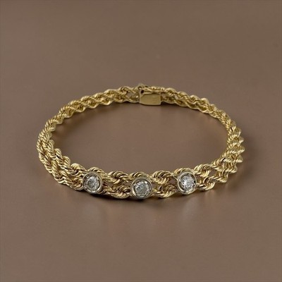 Vintage 14K Gelbgold Diamant Zargenfassung Doppel Seil Kette Armband 0,36ctw 12g
