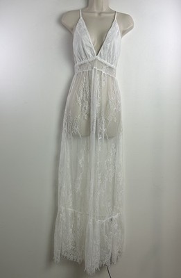 Womens Lace Sheer Slip Dress Small White Y2K Bridal Fairy Coquette Floral Wester