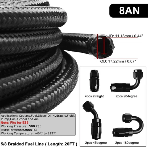 10/20FT 6AN 8AN 10AN 12AN CPE Braided Nylon Fuel Line Kit Fuel Hose End Fittings - Bild 4 von 20