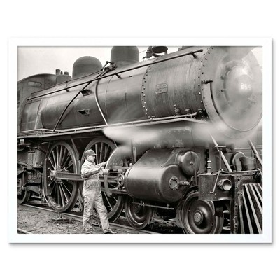 Photograph Black White Train Railway Worker 12X16 Inch Framed Art Print