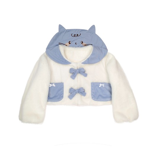 Cat Face Embroidered Winter Coat Cute Plush Fleece Jacket Short Warm Outerwear - Bild 1 von 13