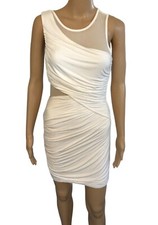 Womens BEBE Off White Bodcon Mini Dress Sz S Mesh Inset Ruched Cocktail Party