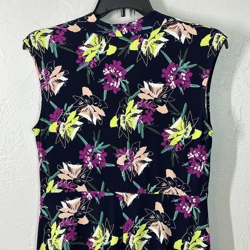 Chaus Dress L Navy Blue Floral Stretch Pullover Knotted Vneck Cap Sleeve - Picture 11 of 16