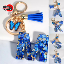 Fashion Blue A-Z Letter Keychain Butterfly Tassel Car Bag Charm Women JewelrySet