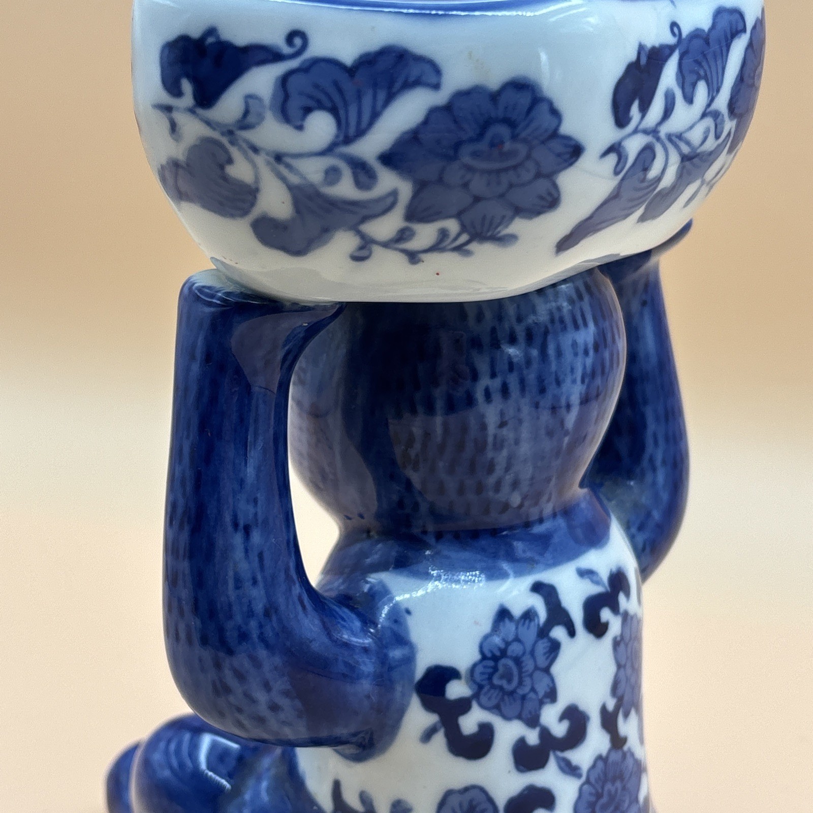 Vintage Chinoiserie Porcelain Monkey Blue White Holding Bowl Trinket Dish Soap