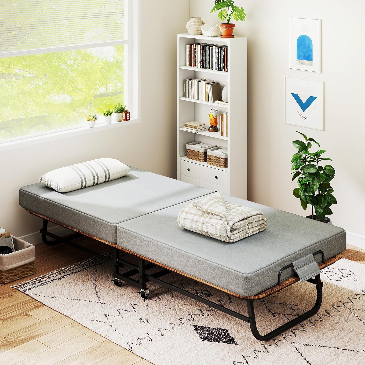 Double-sided Portable Foldable Bed Guest Bed with Memory Foam Mattress Rollaway