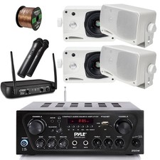 Wireless Bluetooth Receiver, Microphone Set, 4x Waterproof White Speakers, Wire