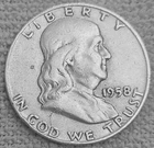 1- 1958 D Franklin half dollar coin