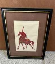 VINTAGE CHENG HOU-TIEN Signed Paper-Cut Art Framed Red Unicorn 1970s Folk Art