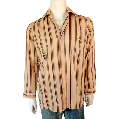 GLOWEAVE Silken Touch vintage mens size 16-41cms L shirt brown stripe 70s retro - Image 1 of 4
