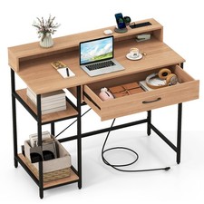 Computer Desk with Power Outlets and Top Shelf Natural