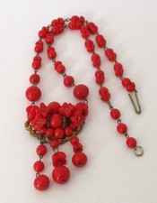 Vintage Cherry-Red Milk Glass Bead Pendant Necklace West Germany