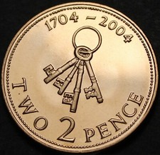 Gibraltar 2 Pence, 2004 Gem Unc~300th Anniversary~4 Old Skeleton Keys~Free Ship