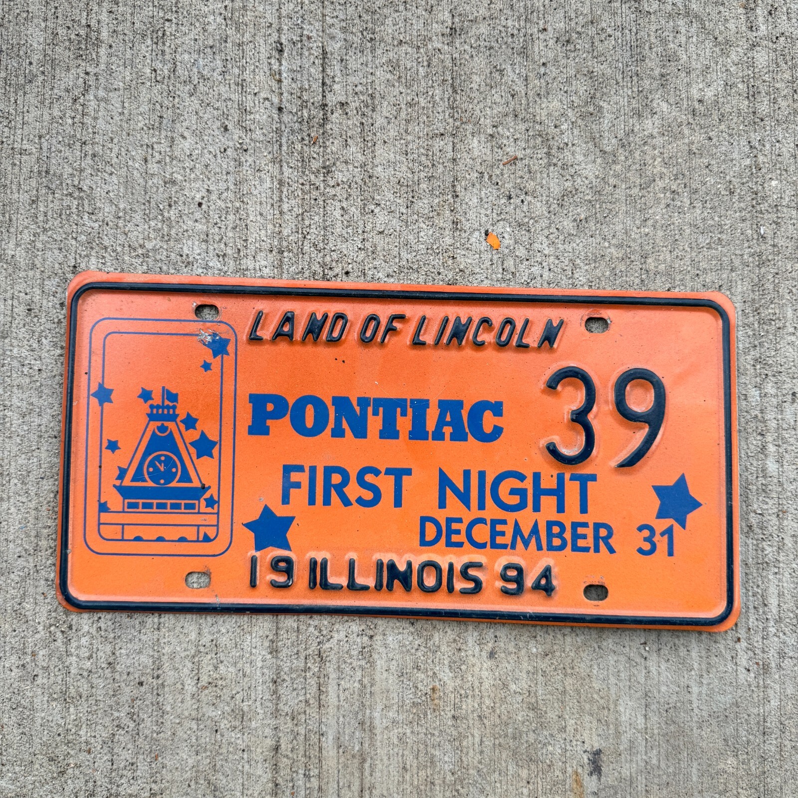 1994 Illinois EVENT License Plate Auto Tag Garage Pontiac New Years Eve 39