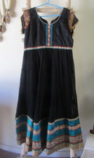 INDIAN BLACK SILK COTTON EMBROIDERY BORDER WOMEN CALF SLEEVE L FLARE DRESS KURTA