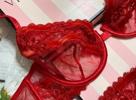 Victoria's Secret LUXE LINGERIE Unlined Demi Bra Cheeky Set Velvet Trim Red 
