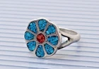 Vintage Native American Sterling Silver Turquoise Coral Flover band Ring size 4