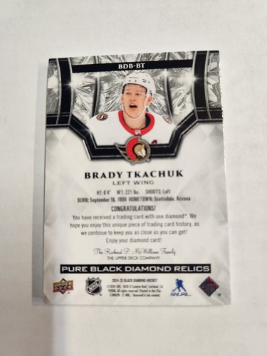 2024-25 Black Diamond Pure Black Diamond Relics Brady Tkachuk 1of1!!! - Picture 2 of 3