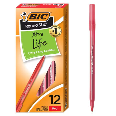 BIC Round Stic Xtra Life Ballpoint Pens, Medium Point, 1.0mm, Red Ink, Dozen (20