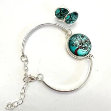 Tree of Life Bracelet and Earring Set | Silver Tone Setting Glass Cabochon