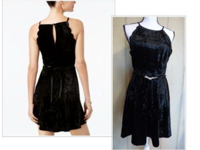 BCX Junior s Belted Scalloped Detailing Fit and Flare Velour Dress, Black, SZ 11