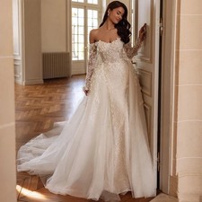 Mermaid Wedding Dress Beading Flowers Appliques Detachable Train Bridal Gown