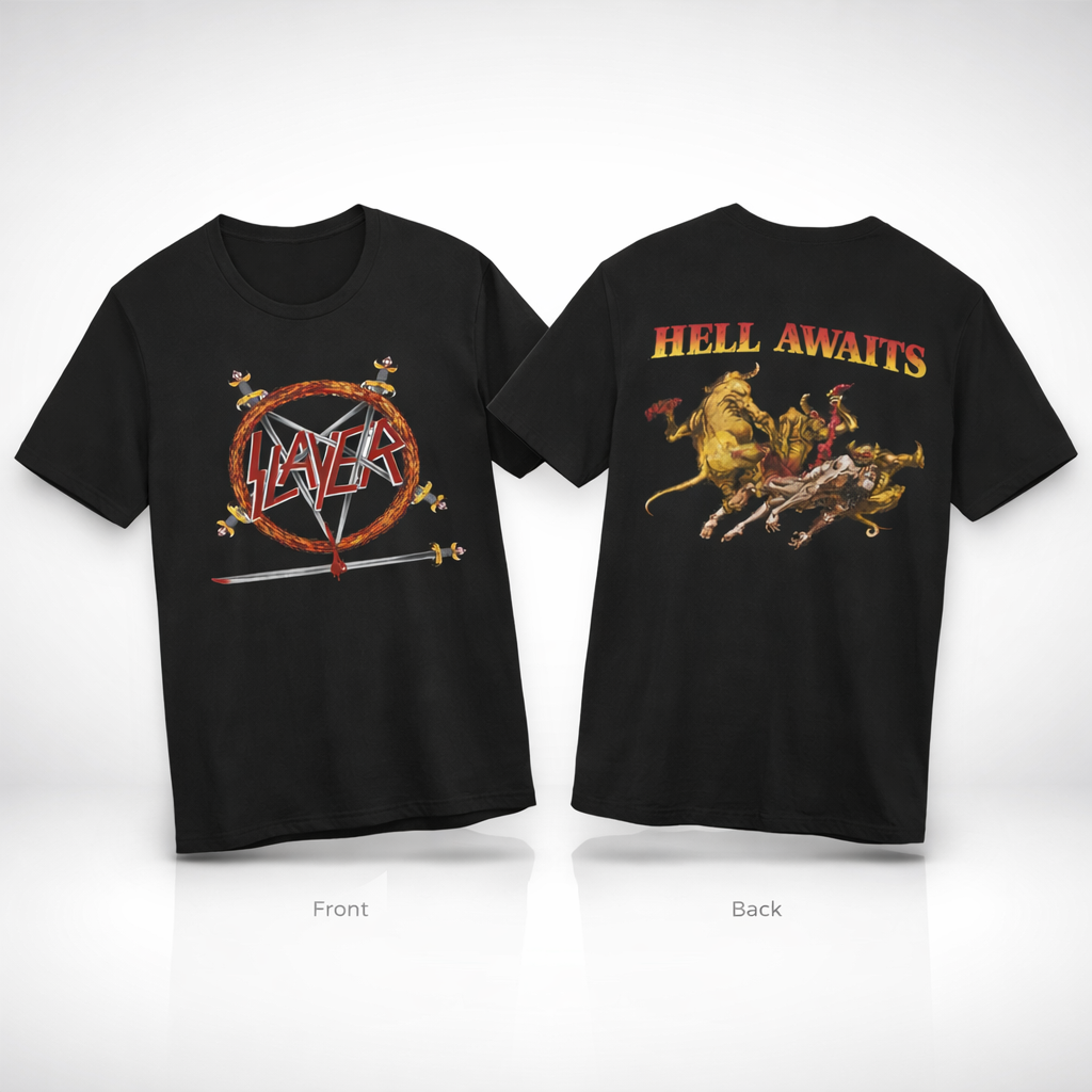Slayer Hell Awaits T Shirt Black Heavy Metal Band Tee Front Back