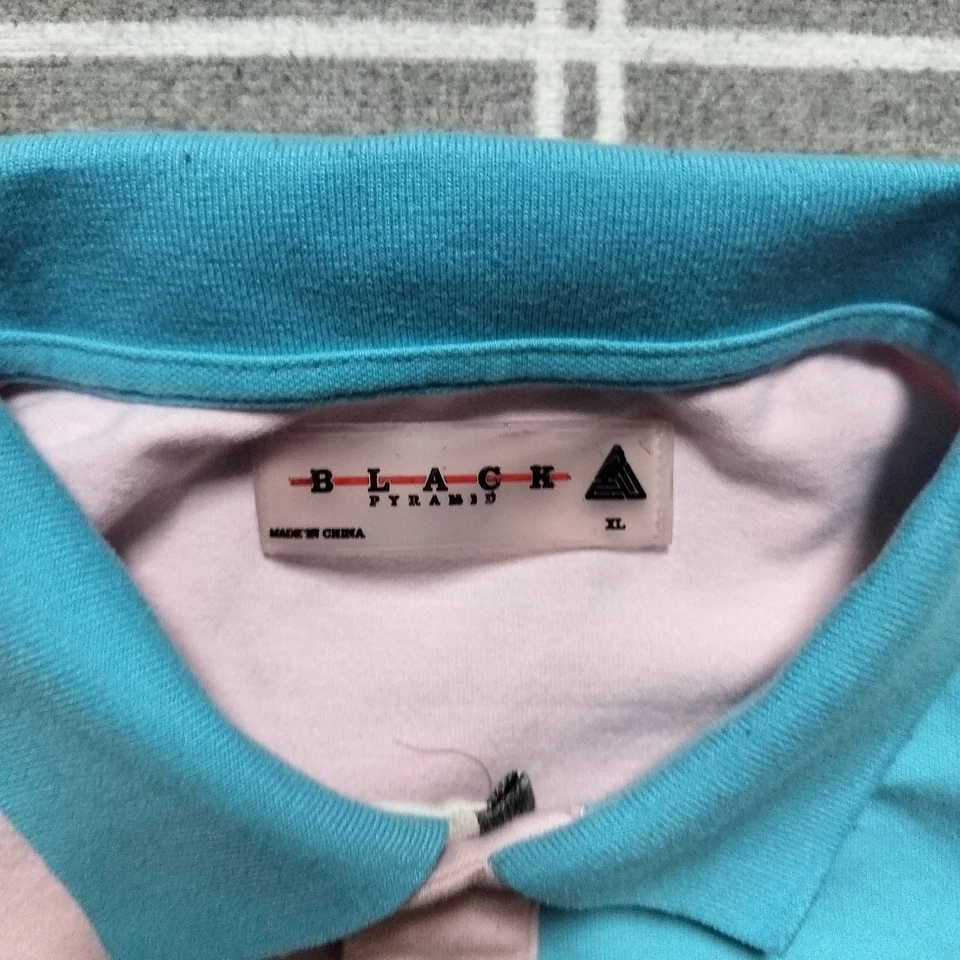 Black Pyramid Men’s XL Pink Cyan Polo Shirt Checkerboard Embroidered Streetwear - Image 3 of 4